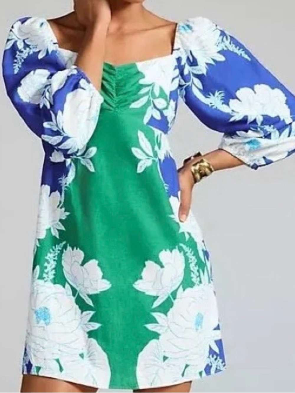 FARM Rio Green and Blue Floral Puff-Sleeve Mini Dress
